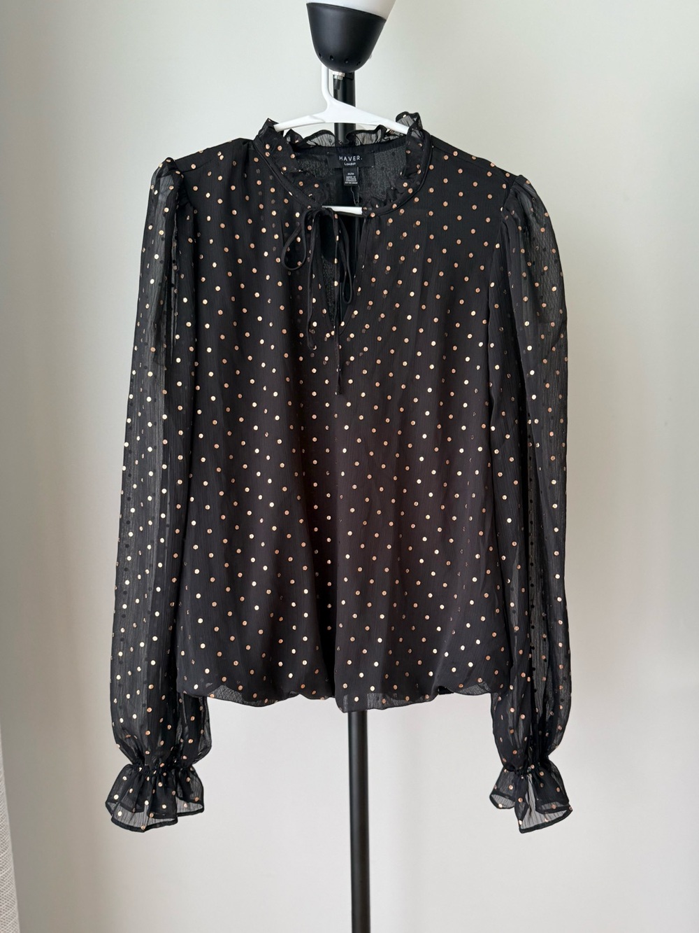 Haver London Black Metallic Polka Dot Sheer Ruffle Blouse Size M NWT